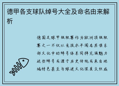 德甲各支球队绰号大全及命名由来解析