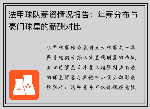 法甲球队薪资情况报告：年薪分布与豪门球星的薪酬对比